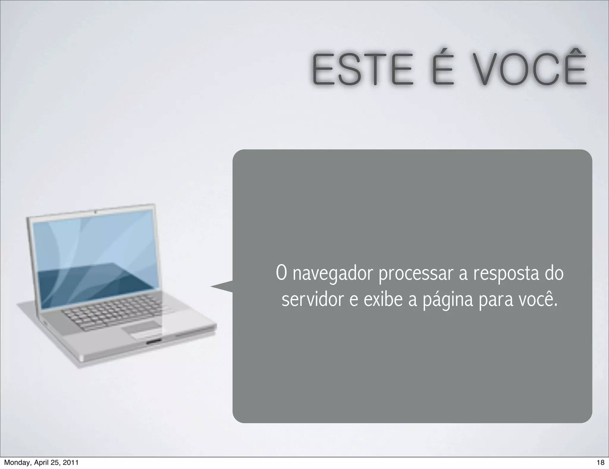 ESTE É VOCÊ



                         O navegador processar a resposta do
                          servidor e exibe a página para você.




Monday, April 25, 2011                                           18
 