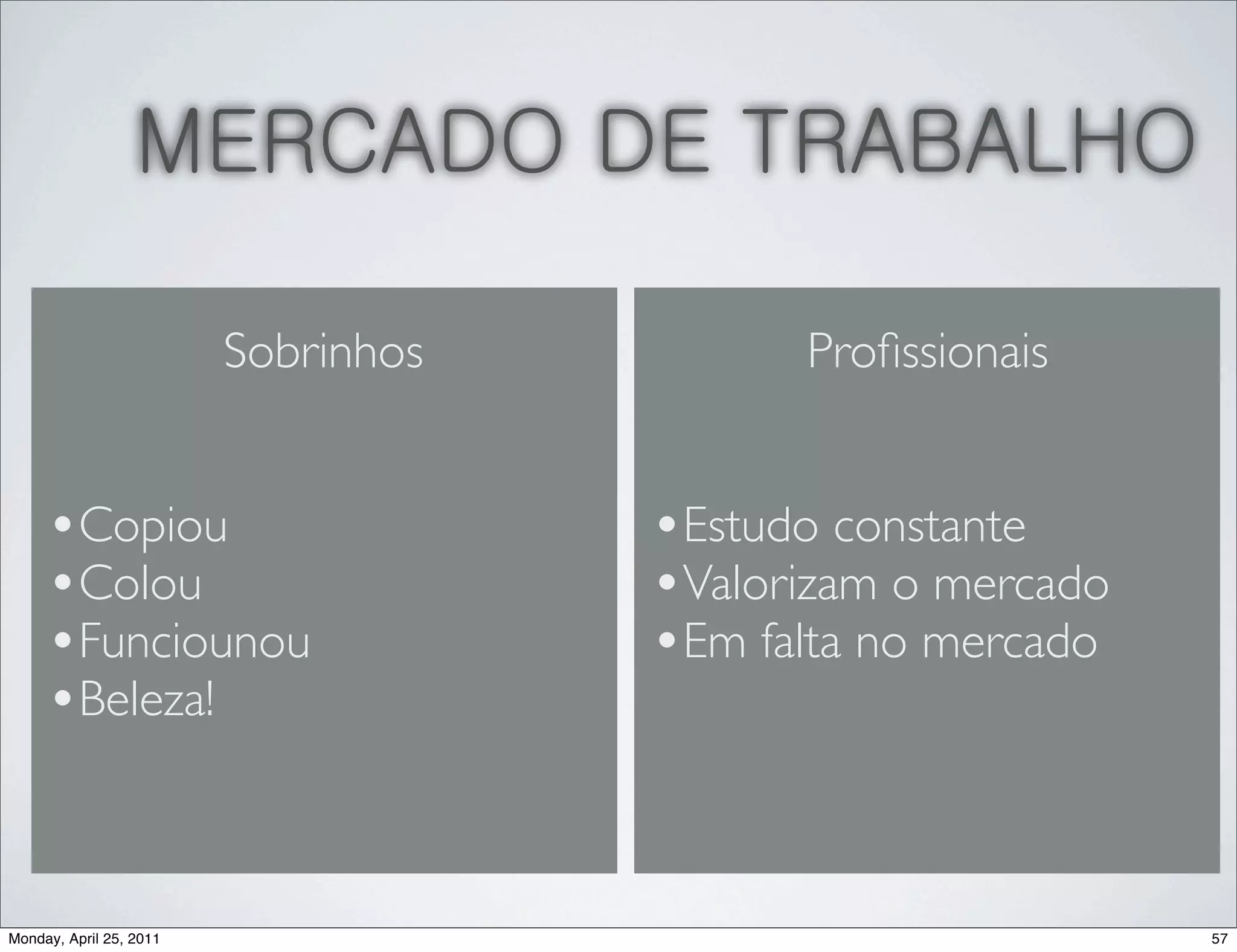 MERCADO DE TRABALHO

                         Sobrinhos         Proﬁssionais


     •Copiou                         •Estudo constante
     •Colou                          •Valorizam o mercado
     •Funciounou                     •Em falta no mercado
     •Beleza!


Monday, April 25, 2011                                      57
 