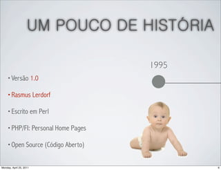 UM POUCO DE HISTÓRIA

                                    1995
    • Versão 1.0

    • Rasmus Lerdorf

    • Escrito em Perl

    • PHP/FI: Personal Home Pages

    • Open Source (Código Aberto)


Monday, April 25, 2011                     6
 