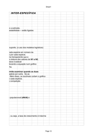 Sheet1


 T}IÇÃO INTER-ESPECÍFICA




utra espécie a extinção.
 queda ou estabilidade -- estão ligadas




acidade de suporte. (o uso dos modelos logísticos)

 úmero de cada espécie em número da
porte usada por cada espécie.
da outra torna transparente que a
t = 0) é uma mistura dos valores de N1 e N2.
 onde a espécie é estável
N1 e N2. Colocando a equação num gráfico
 o dessa linha,

 gráfico permite examinar quando as duas
a de uma espécie por outra. Se as
  espécies. Além disso, os isoclinais cortam o gráfico
pulações de cada espécie.
 esultado da competição




 rescimento populacional (dN/dt) e




aproxima 1; ou seja, a taxa de crescimento é máxima




                                                         Page 12
 
