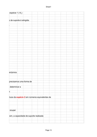 Sheet1


suporte da espécie 1 ( K1)


capacidade de suporte é atingida.

 espécie 1.




ção não é recíproca.



a espécie, precisamos uma forma de

 outra para determinar a

o indivíduos

o de indivíduos da espécie 2 em números equivalentes de




e 2 podem ocupar

pécies. Assim, a capacidade de suporte realizada




                                                   Page 13
 
