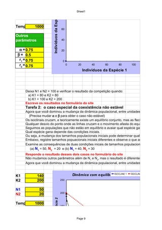 100




                        Indivíduos da Espécie 2
                                                              Sheet1
                                                                                    ISOCLINE 1   ISOCLINE 2   N1 N2

                                                  80


Tempo        1000
                                                  60

Outros
parâmetros                                        40


 α = 0.75                                         20
β = 0.5
 r1 = 0.75                                         0
 r2 = 0.75                                              0      20       40     60          80        100       120

                                                                    Indivíduos da Espécie 1




     Deixa N1 e N2 = 100 e verificar o resultado da competição quando:
      a) K1 = 80 e K2 = 80
      b) K1 = 100 e K2 = 200
     Escreve os resultados no formulário do site
     Tarefa 2: o caso especial da coexistência não estável
     Agora que você dominou a mudança da dinâmica populacional, entre unidades de tempo de 1
       (Precisa mudar α e β para obter o caso não estável)
     Os isoclinais cruzam, e teoricamente existe um equilíbrio conjunto, mas as flechas sinalazam p
     Qualquer desvio do ponto onde as linhas cruzam e o movimento afasta do equiíbrio conjunto.
     Seguimos as populações que não estão em equilíbrio e avaiar qual espécie gana.
     Qual espécie gana depende das condições iniciais.
     Ou seja, a mudança dos tamanhos populacionais iniciais pode determinar qual espécie gana.
     Embaixo, registre tamanhos popuacionais iniciais diferentes e observe o que acontece.
     Examine as consequências de duas condições inicais de tamanhos populacionaiss:
        (a) N1 = 50, N2 = 20 e (b) N1 = 40, N2 = 30
     Responde o resultado desses dois casos no formulário do site
     Não mudamos outros parâmetros além de N1 e N2, mas o resultado é diferentes.
     Agora que você dominou a mudança da dinâmica populacional, entre unidades de tempo de 1


K1            140                                           Dinâmica com equilíbrioISOCLINE 1 tável 2
                                                                                     não es ISOCLINE              N1 N2


K2            200                                 250



N1             50
                                                  200
N2             20                                   .
                            úmero da Espécie 2




Tempo        1000
                                                  150




                                                  100         Page 9
 