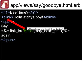 Hello, Rails!demo$ rails generate controller Say hello goodbyecreate more stuff...invoke thingsroute whateverVisit http://localhost:3000/say/hello