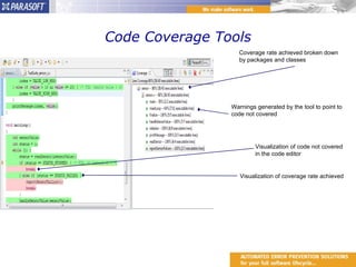Code Coverage Tools Visualization of code not covered in the code editor Visualization of coverage rate achieved Warnings generated by the tool to point to code not covered Coverage rate achieved broken down by packages and classes 