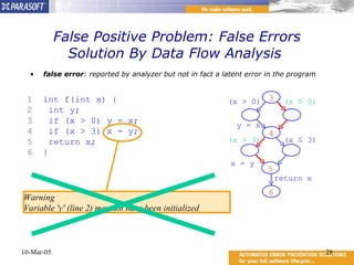 False Positive Problem: False Errors Solution By Data Flow Analysis  false error : reported by analyzer but not in fact a latent error in the program 10-Mar-05 1  int f(int x) { 2   int y; 3   if (x > 0) y = x; 4   if (x > 3) x = y; 5   return x; 6   } 3 4 6 (x  ≤  0) (x > 0) y = x 5 (x  ≤  3) (x > 3) x = y return x Warning Variable 'y' (line 2) may not have been initialized (x  ≤  0) (x > 3) 