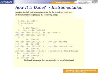 How It is Done?  - Instrumentation Inserting the full instrumentation code for the condition coverage in this example will produce the following code:     1 char  inst[15] ;    2  void  foo()    3 {    4   found= false ;    5    for  (i=0;((i<100)? inst[0]=1 :inst[1]=1,0) && ((! found)? inst[2]=1 :inst[3]=1,0);i++)    6   {    7      if  ((i==50? inst[4]=1 : inst[5]=1 ,0) ) {  inst[6]=1 ; break ;}    8      if  ((i==20? inst[7]=1 : inst[8]=1 ,0) ) {  inst[9]=1 ;found= true ;}    9      if  ((i==30? inst[10]=1 : inst[11]=1 ,0) ) {  inst[12]=1 ;found= true ;}   10    inst[13]=1 ; }   11   printf("foo\n");   12  inst[14]=1 ; } Full code coverage instrumentation at condition level 
