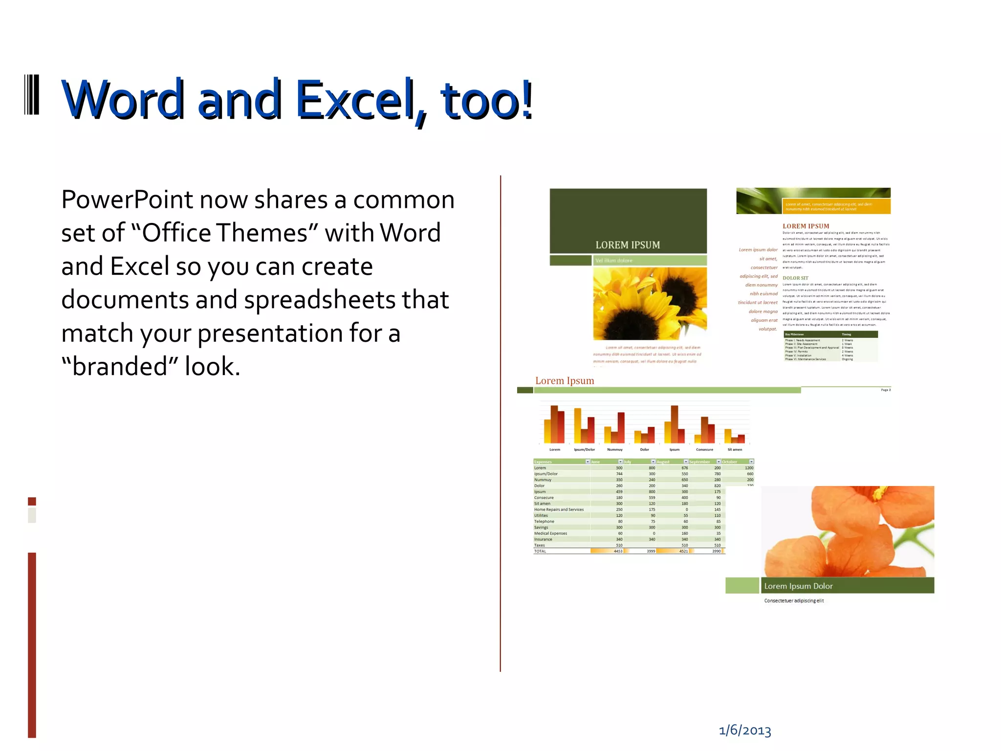 Word and Excel, too!
PowerPoint now shares a common
set of “Office Themes” with Word
and Excel so you can create
documents and spreadsheets that
match your presentation for a
“branded” look.




                                   1/6/2013
 