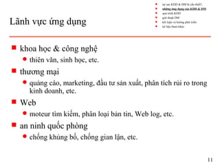 Lãnh vực ứng dụng
s khoa học & công nghệ
q thiên văn, sinh học, etc.
s thương mại
q quảng cáo, marketing, đầu tư sản xuất, phân tích rủi ro trong
kinh doanh, etc.
s Web
q moteur tìm kiếm, phân loại bản tin, Web log, etc.
s an ninh quốc phòng
q chống khủng bố, chống gian lận, etc.
11
s tại sao KDD & DM là cần thiết?
s những ứng dụng của KDD & DM
s quá trình KDD
s giải thuật DM
s kết luận và hướng phát triển
s tài liệu tham khảo
 