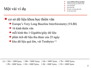 Một vài ví dụ
s cơ sở dữ liệu khoa học thiên văn
q Europe’s Very Long Baseline Interforometry (VLBI)
q 16 kính thiên văn
q mỗi kính thu 1 Gigabits/giây dữ liệu
q phân tích dữ liệu thu được của 25 ngày
q kho dữ liệu quá lớn, vài Terabytes (1)
5
(1): 1 Kb = 1000 bytes, 1 Mb = 10002
bytes, 1 Gb = 10003
bytes, 1 Tb = 10004
bytes,
1 Pb = 10005
bytes, 1 Eb = 10006
bytes, 1 Zb = 10007
bytes, 1 Yb = 10008
bytes
s tại sao KDD & DM là cần thiết?
s những ứng dụng của KDD & DM
s quá trình KDD
s giải thuật DM
s kết luận và hướng phát triển
s tài liệu tham khảo
 