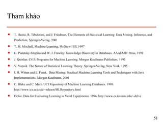 Tham khảo
s T. Hastie, R. Tibshirani, and J. Friedman, The Elements of Statistical Learning: Data Mining, Inference, and
Prediction, Springer-Verlag, 2001
s T. M. Mitchell, Machine Learning, McGraw Hill, 1997
s G. Piatetsky-Shapiro and W. J. Frawley. Knowledge Discovery in Databases. AAAI/MIT Press, 1991
s J. Quinlan. C4.5: Programs for Machine Learning. Morgan Kaufmann Publishers, 1993
s V. Vapnik. The Nature of Statistical Learning Theory. Springer-Verlag, New York, 1995
s I. H. Witten and E. Frank. Data Mining: Practical Machine Learning Tools and Techniques with Java
Implementations. Morgan Kaufmann, 2001
s C. Blake and C. Merz. UCI Repository of Machine Learning Databases. 1998.
http://www.ics.uci.edu/~mlearn/MLRepository.html
s Delve. Data for Evaluating Learning in Valid Experiments. 1996. http://www.cs.toronto.edu/~delve
51
 