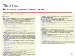 Tham khảo
(http://www.kdnuggets.com/software/index.html)
53
 