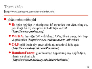 Tham khảo
(http://www.kdnuggets.com/software/index.html)
s phần mềm miễn phí
q R: ngôn ngữ lập trình cấp cao, hỗ trợ nhiều thư viện, công cụ,
giải thuật hỗ trợ cho phân tích dữ liệu và DM
(http://www.r-project.org)
q WEKA: thư viện DM viết bằng JAVA, dễ sử dụng, tích hợp
và phát triển (http://www.cs.waikato.ac.nz/~ml/weka/)
q C4.5: giải thuật cây quyết định, rất nhanh và hiệu quả
(http://www.rulequest.com/Personal/)
q RandomForest: giải thuật tập hợp những cây quyết định,
nhanh và chính xác
(http://www.stat.berkeley.edu/users/breiman/)
62
 