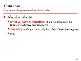 Tham khảo
(http://www.kdnuggets.com/software/index.html)
s phần mềm miễn phí
q SVM & Kernel-machines: nhiều giải thuật máy học
(http://www.kernel-machines.org)
q Boosting: nhiều giải thuật máy học (http://www.boosting.org)
q etc.
63
 