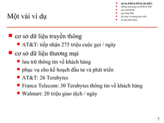 Một vài ví dụ
s cơ sở dữ liệu truyền thông
q AT&T: tiếp nhận 275 triệu cuộc gọi / ngày
s cơ sở dữ liệu thương mại
q lưu trữ thông tin về khách hàng
q phục vụ cho kế hoạch đầu tư và phát triển
q AT&T: 26 Terabytes
q France Telecom: 30 Terabytes thông tin về khách hàng
q Walmart: 20 triệu giao dịch / ngày
7
s tại sao KDD & DM là cần thiết?
s những ứng dụng của KDD & DM
s quá trình KDD
s giải thuật DM
s kết luận và hướng phát triển
s tài liệu tham khảo
 