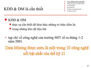 KDD & DM là cần thiết
s KDD & DM
q thực sự cần thiết để khai thác những tri thức tiềm ẩn
q trong những kho dữ liệu lớn
 tạp chí về công nghệ của trường MIT số ra tháng 1-2
năm 2001
9
s tại sao KDD & DM là cần thiết?
s những ứng dụng của KDD & DM
s quá trình KDD
s giải thuật DM
s kết luận và hướng phát triển
s tài liệu tham khảo
 