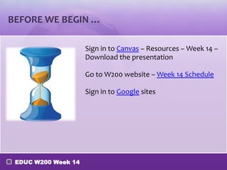 BEFORE WE BEGIN …
Sign in to Canvas – Resources – Week 14 –
Download the presentation
Go to W200 website – Week 14 Schedule
Sign in to Google sites

EDUC W200 Week 14

 