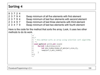 Sorting 4 
9 3 7 2 4 
2 3 7 9 4 Swap minimum of all five elements with first element 
2 3 7 9 4 Swap minimum of last four elements with second element 
2 3 4 9 7 Swap minimum of last three elements with third element 
2 3 4 7 9 Swap minimum of last two elements with fourth element 
Here is the code for the method that sorts the array. Look, it uses two other 
methods to do its work. 
Procedural Programming in C++ 124 
 