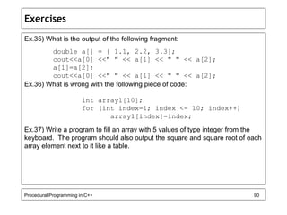 Exercises 
Ex.35) What is the output of the following fragment: 
double a[] = { 1.1, 2.2, 3.3}; 
cout<<a[0] <<" " << a[1] << " " << a[2]; 
a[1]=a[2]; 
cout<<a[0] <<" " << a[1] << " " << a[2]; 
Ex.36) What is wrong with the following piece of code: 
int array1[10]; 
for (int index=1; index <= 10; index++) 
array1[index]=index; 
Ex.37) Write a program to fill an array with 5 values of type integer from the 
keyboard. The program should also output the square and square root of each 
array element next to it like a table. 
Procedural Programming in C++ 90 
 