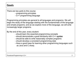 Goals 
There are two parts to this course: 
- programming principles 
- C++ programming language 
Programming principles a...