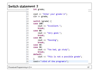 Switch statement 2 
Procedural Programming in C++ 67 
 