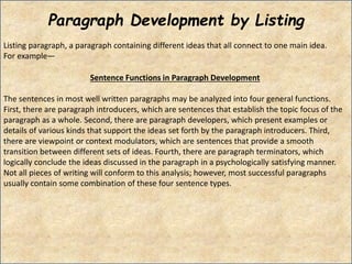 Paragraph Development by Listing
Listing paragraph, a paragraph containing different ideas that all connect to one main idea.
For example—
Sentence Functions in Paragraph Development
The sentences in most well written paragraphs may be analyzed into four general functions.
First, there are paragraph introducers, which are sentences that establish the topic focus of the
paragraph as a whole. Second, there are paragraph developers, which present examples or
details of various kinds that support the ideas set forth by the paragraph introducers. Third,
there are viewpoint or context modulators, which are sentences that provide a smooth
transition between different sets of ideas. Fourth, there are paragraph terminators, which
logically conclude the ideas discussed in the paragraph in a psychologically satisfying manner.
Not all pieces of writing will conform to this analysis; however, most successful paragraphs
usually contain some combination of these four sentence types.
 