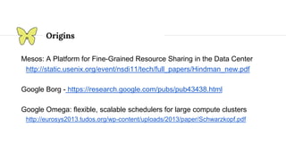 Origins
Mesos: A Platform for Fine-Grained Resource Sharing in the Data Center
http://static.usenix.org/event/nsdi11/tech/full_papers/Hindman_new.pdf
Google Borg - https://research.google.com/pubs/pub43438.html
Google Omega: ﬂexible, scalable schedulers for large compute clusters
http://eurosys2013.tudos.org/wp-content/uploads/2013/paper/Schwarzkopf.pdf
 