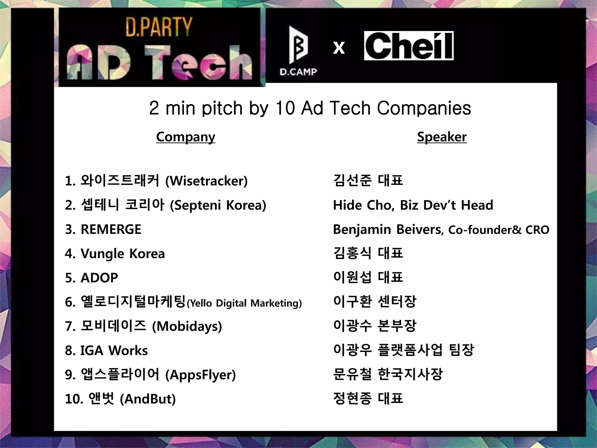 Company Speaker
1. 와이즈트래커 (Wisetracker) 김선준 대표
2. 셉테니 코리아 (Septeni Korea) Hide Cho, Biz Dev’t Head
3. REMERGE Benjamin Beivers, Co-founder& CRO
4. Vungle Korea 김홍식 대표
5. ADOP 이원섭 대표
6. 옐로디지털마케팅(Yello Digital Marketing) 이구환 센터장
7. 모비데이즈 (Mobidays) 이광수 본부장
8. IGA Works 이광우 플랫폼사업 팀장
9. 앱스플라이어 (AppsFlyer) 문유철 한국지사장
10. 앤벗 (AndBut) 정현종 대표
2 min pitch by 10 Ad Tech Companies
x
 