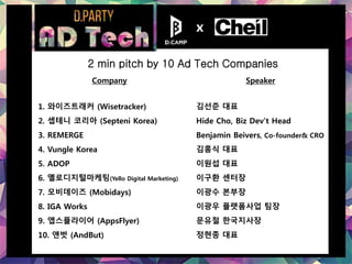 Company Speaker
1. 와이즈트래커 (Wisetracker) 김선준 대표
2. 셉테니 코리아 (Septeni Korea) Hide Cho, Biz Dev’t Head
3. REMERGE Benjamin Beivers, Co-founder& CRO
4. Vungle Korea 김홍식 대표
5. ADOP 이원섭 대표
6. 옐로디지털마케팅(Yello Digital Marketing) 이구환 센터장
7. 모비데이즈 (Mobidays) 이광수 본부장
8. IGA Works 이광우 플랫폼사업 팀장
9. 앱스플라이어 (AppsFlyer) 문유철 한국지사장
10. 앤벗 (AndBut) 정현종 대표
2 min pitch by 10 Ad Tech Companies
x
 