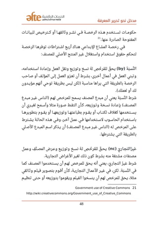 ‫المعرفة‬ ‫تحرير‬ ‫نحو‬ ‫مدخل‬
‫صصصات‬‫ن‬‫للبيا‬ ‫صصصترخيص‬‫ك‬ ‫أو‬ ‫صصصا‬‫ه‬‫وثائق‬ ‫صصصر‬‫ش‬‫ن‬ ‫صصصي‬‫ف‬ ‫صصصة‬‫ص‬‫الرخ‬ ‫صصصذه‬‫ه‬ ‫صصصتخدم‬‫س‬‫ت‬ ‫صصصات‬‫م‬‫حكو‬
‫عنها‬ ‫الصادرة‬ ‫المفتوحة‬.
21
‫صصة‬‫ص‬‫الرخ‬ ‫صصا‬‫ه‬‫توفر‬ ‫صصترارطات‬‫ش‬‫ا‬ ‫صصع‬‫ب‬‫أر‬ ‫صصاك‬‫ن‬‫ه‬ ‫صصداعي‬‫ب‬‫ال‬ ‫صصاع‬‫ش‬‫الم‬ ‫صصة‬‫ص‬‫رخ‬ ‫صصي‬‫ف‬
‫للمصنف‬ ‫الصلي‬ ‫المنتج‬ ‫غير‬ ‫واستغلل‬ ‫استخدام‬ ‫حقوق‬ ‫لتحكم‬:
‫بة‬‫ب‬ ‫نس‬‫ن‬ ‫ال‬)by(،‫صصتخدامه‬‫س‬‫ا‬ ‫صصادة‬‫ع‬‫وإ‬ ‫العمل‬ ‫ونقل‬ ‫وتوزيع‬ ‫نسخ‬ ‫ه‬‫ي‬ ‫ل‬ ‫ص‬‫ف‬ ‫خ‬‫ل‬ ‫مر‬‫ي‬ ‫لل‬ ‫ق‬‫ل‬ ‫يح‬
‫صصاحب‬‫ص‬ ‫أو‬ ‫صصف‬‫ل‬‫المؤ‬ ‫صصى‬‫ل‬‫إ‬ ‫صصل‬‫م‬‫الع‬ ‫صصزو‬‫ع‬‫ت‬ ‫أن‬ ‫صصرط‬‫ش‬‫ب‬ ،‫صصرى‬‫خ‬‫أ‬ ‫أعمال‬ ‫في‬ ‫العمل‬ ‫وتبني‬
‫صصدون‬‫ي‬‫مؤ‬ ‫أنهم‬ ‫توحي‬ ‫بطريقة‬ ‫ليس‬ ‫لكن‬ ‫مناسبة‬ ‫يراها‬ ‫التي‬ ‫بالطريقة‬ ‫الرخصة‬)
‫لعملك‬ ‫أو‬ ‫لك‬.(
‫مبصدع‬ ‫غيصر‬ ‫النصاس‬ ‫لهصم‬ ‫للمرخصص‬ ‫يسمح‬ ‫المصنف‬ ‫مبدع‬ ‫أن‬ ‫يعني‬ ‫بة‬‫ر‬ ‫نس‬‫ر‬ ‫ال‬ ‫شرط‬)
‫أن‬ ‫صصري‬‫ي‬‫لغ‬ ‫صصمح‬‫س‬‫وأ‬ ‫مثل‬ ‫صصورة‬‫ص‬ ‫صصط‬‫ق‬‫الت‬ ‫صصأن‬‫ك‬ ،‫صصوزيعه‬‫ت‬‫و‬ ‫صصخة‬‫س‬‫ن‬ ‫صصادة‬‫ع‬‫بإ‬ ‫صصنف‬‫ص‬‫الم‬(
‫صصصا‬‫ه‬‫بتطوير‬ ‫صصصوم‬‫ق‬‫ي‬ ‫أو‬ ‫صصصا‬‫ه‬‫وتوزيع‬ ‫صصصا‬‫ه‬‫بطباعت‬ ‫صصصوم‬‫ق‬‫ي‬ ‫أو‬ ‫صصصاب‬‫ت‬‫لك‬ ‫كغلف‬ ‫صصصتخدمها‬‫س‬‫ي‬
‫صصترط‬‫ش‬‫ي‬ ‫صصة‬‫ل‬‫الحا‬ ‫صصذه‬‫ه‬ ‫صصي‬‫ف‬‫و‬ ،‫صصر‬‫خ‬‫آ‬ ‫صصل‬‫م‬‫ع‬ ‫صصي‬‫ف‬ ‫صصتخدامها‬‫س‬‫ل‬ ‫صصوب‬‫س‬‫الحا‬ ‫صصتخدام‬‫س‬‫با‬
‫لي‬‫الص‬ ‫المبصدع‬ ‫اسصم‬ ‫يصذكر‬ ‫أن‬ ‫المصصنف‬ ‫مبصدع‬ ‫غيصر‬ ‫النصاس‬ ‫لصه‬ ‫المرخصص‬ ‫علصى‬( )
‫يشتررطها‬ ‫التي‬ ‫بالطريقة‬.
‫ي‬‫ي‬ ‫صصار‬‫ج‬‫رالت‬‫ر‬ ‫غي‬)nc(‫صصل‬‫م‬‫وع‬ ‫ف‬‫ف‬ ‫ن‬‫ن‬ ‫صص‬‫ص‬‫الم‬ ‫صصرض‬‫ع‬‫و‬ ‫صصع‬‫ي‬‫وتوز‬ ‫صصخ‬‫س‬‫ن‬ ‫ه‬‫ي‬ ‫صص‬‫ل‬ ‫ص‬‫ف‬ ‫صص‬‫خ‬‫ل‬ ‫مر‬‫ي‬ ‫لل‬ ‫ق‬‫ل‬ ‫صص‬‫ح‬‫ي‬
‫التجارية‬ ‫الغراض‬ ‫لغير‬ ‫ذلك‬ ‫كون‬ ‫بشرط‬ ‫منه‬ ‫مشتقة‬ ‫مصنفات‬.
‫صصا‬‫م‬‫ك‬ ‫صصنف‬‫ص‬‫الم‬ ‫صصتخدموا‬‫س‬‫ي‬ ‫أن‬ ‫صصم‬‫ه‬‫ل‬ ‫للمرخص‬ ‫يحق‬ ‫أنه‬ ‫يعني‬ ،‫ي‬‫ل‬ ‫التجار‬ ‫ر‬‫ي‬ ‫غي‬ ‫شرط‬
‫وثصائقي‬ ‫م‬‫فيل‬ ‫بتصصوير‬ ‫أقصوم‬ ‫كصأن‬ ،‫التجاريصة‬ ‫العمصال‬ ‫غيصر‬ ‫في‬ ،‫لكن‬ ‫بة‬‫ر‬ ‫نس‬‫ر‬ ‫ال‬ ‫في‬.
‫صصم‬‫ي‬‫تنظ‬ ‫صصتى‬‫ح‬ ‫أو‬ ‫صصوزيعه‬‫ت‬‫ب‬ ‫ويقوموا‬ ‫الفيلم‬ ‫ينسخوا‬ ‫أن‬ ‫لهم‬ ‫للمرخص‬ ‫يحق‬ ،‫مثل‬
21Government use of Creative Commons
http://wiki.creativecommons.org/Government_use_of_Creative_Commons
48
 