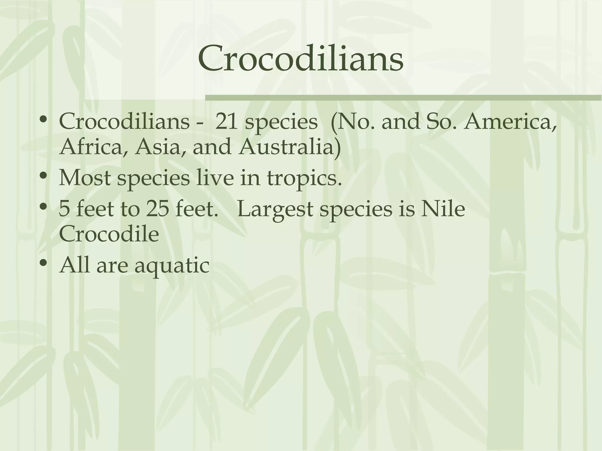 Crocodilians
• Crocodilians - 21 species (No. and So. America,
Africa, Asia, and Australia)
• Most species live in tropics.
• 5 feet to 25 feet. Largest species is Nile
Crocodile
• All are aquatic
 