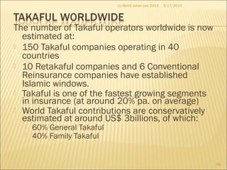 The number of Takaful operators worldwide is now
estimated at:
 150 Takaful companies operating in 40
countries
 10 Retakaful companies and 6 Conventional
Reinsurance companies have established
Islamic windows.
 Takaful is one of the fastest growing segments
in insurance (at around 20% pa. on average)
 World Takaful contributions are conservatively
estimated at around US$ 3billions, of which:
 60% General Takaful
 40% Family Takaful
3/17/2012(c) Mohd Johan Lee 2012
68
 