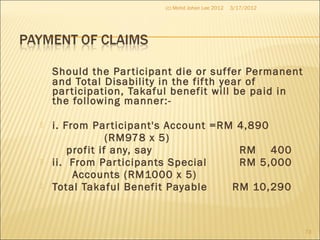 Should the Participant die or suffer Permanent
and Total Disability in the fifth year of
participation, Takaful benefit will be paid in
the following manner:-
 i. From Participant's Account =RM 4,890
(RM978 x 5)
profit if any, say RM 400
 ii. From Participants Special RM 5,000
Accounts (RM1000 x 5)
 Total Takaful Benefit Payable RM 10,290
3/17/2012(c) Mohd Johan Lee 2012
73
 