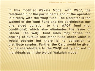 In this modified Wakala Model with Waqf, the
relationship of the participants and of the operator
is directly with the Waqf fund. The Operator is the
Wakeel of the Waqf Fund and the participants pay
one sided donation to the WAQF fund (not
conditional) which also eliminates the issue of
Gharar. The WAQF fund rules may define the
sharing of surplus and other rules under which it
would operate but there is no obligation to
distribute surplus. Further the Qard would be given
by the shareholders to the WAQF entity and not to
individuals as in the typical Wakalah model.
3/17/2012(c) Mohd Johan Lee 2012
82
 