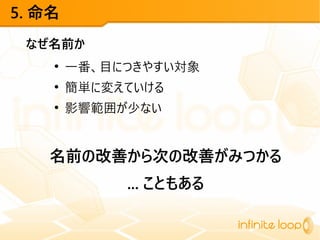 5. 命名
なぜ名前か
●
一番、目につきやすい対象
●
簡単に変えていける
●
影響範囲が少ない
名前の改善から次の改善がみつかる
... こともある
 