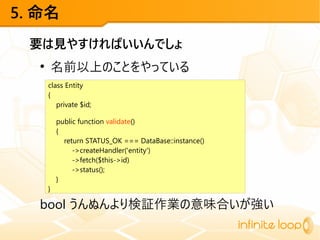 5. 命名
要は見やすければいいんでしょ
●
名前以上のことをやっている
bool うんぬんより検証作業の意味合いが強い
class Entity
{
private $id;
public function validate()
{
return STATUS_OK === DataBase::instance()
->createHandler('entity')
->fetch($this->id)
->status();
}
}
 