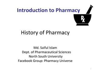 Introduction to Pharmacy
Md. Saiful Islam
Dept. of Pharmaceutical Sciences
North South University
Facebook Group: Pharmacy Universe
History of Pharmacy
1
 
