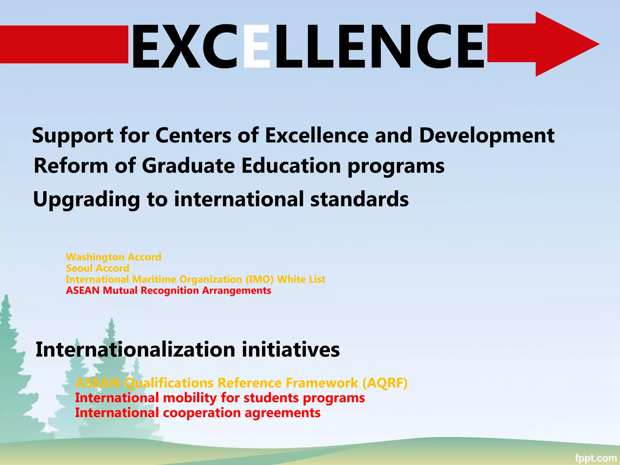 Support for Centers of Excellence and Development
Reform of Graduate Education programs
Upgrading to international standards
Washington Accord
Seoul Accord
International Maritime Organization (IMO) White List
ASEAN Mutual Recognition Arrangements
EXCELLENCE
Internationalization initiatives
ASEAN Qualifications Reference Framework (AQRF)
International mobility for students programs
International cooperation agreements
 