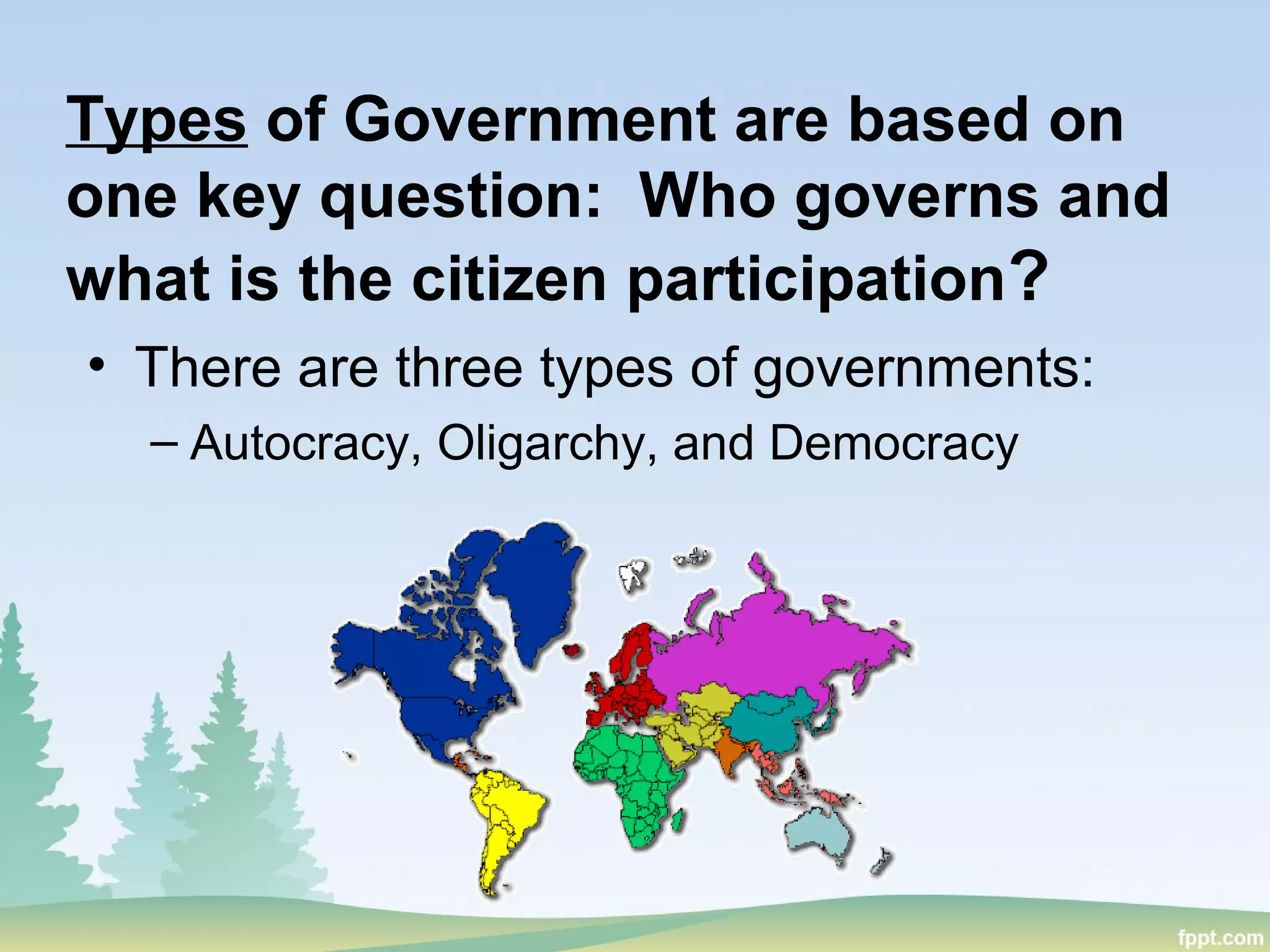 Types of Government are based on
one key question: Who governs and
what is the citizen participation?
• There are three types of governments:
– Autocracy, Oligarchy, and Democracy
 