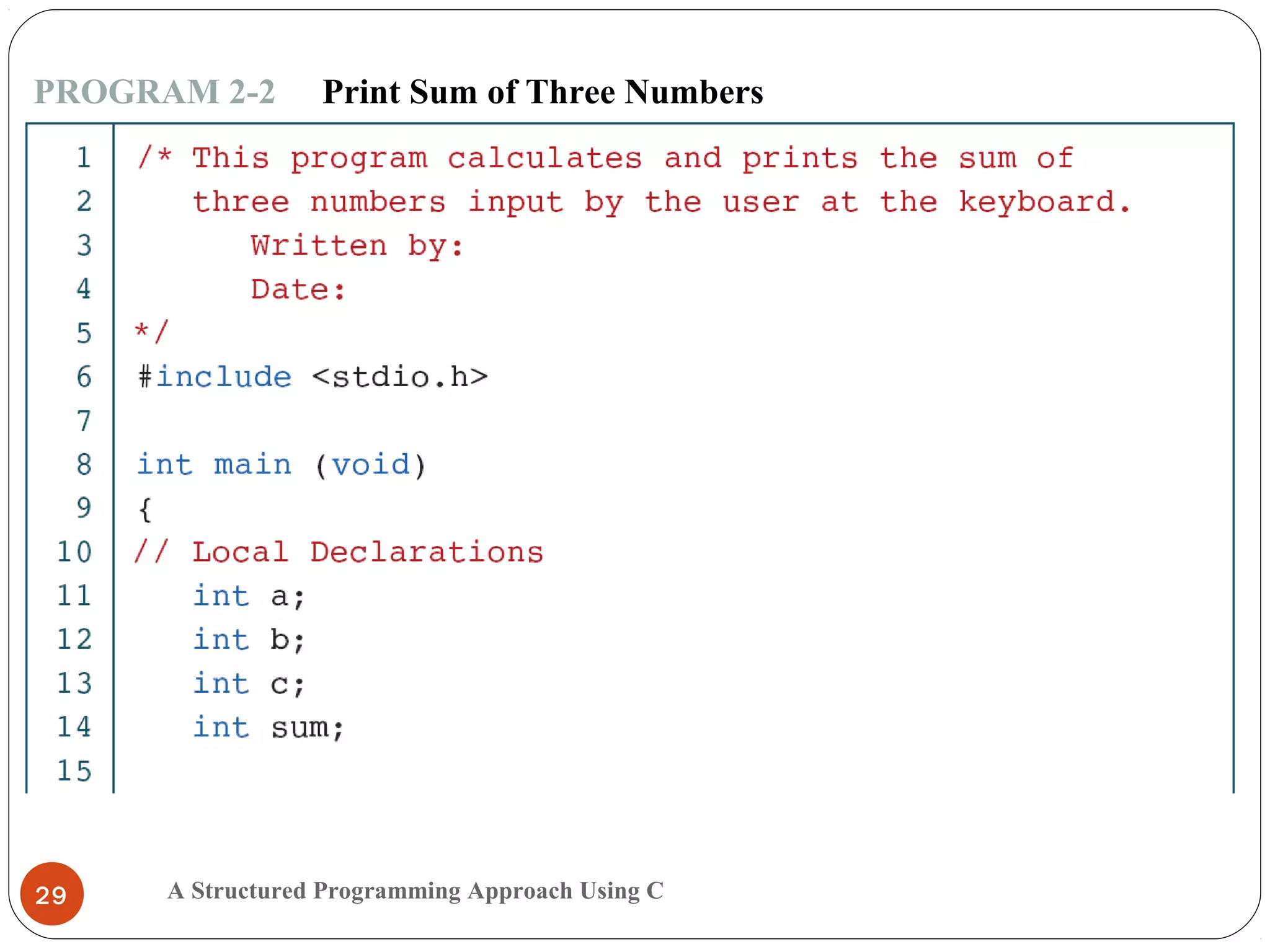A Structured Programming Approach Using C29
PROGRAM 2-2 Print Sum of Three Numbers
 