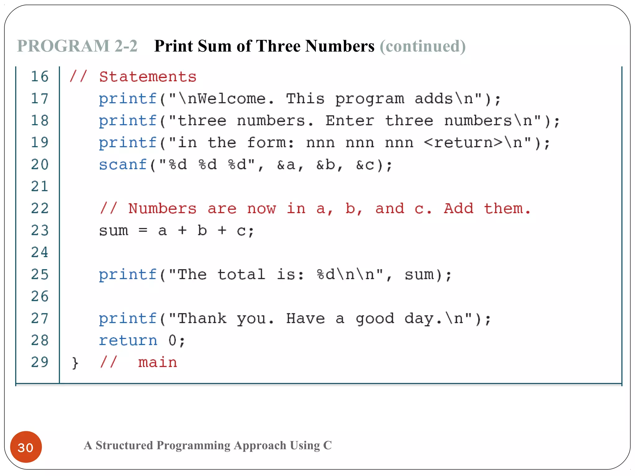 A Structured Programming Approach Using C30
PROGRAM 2-2 Print Sum of Three Numbers (continued)
 