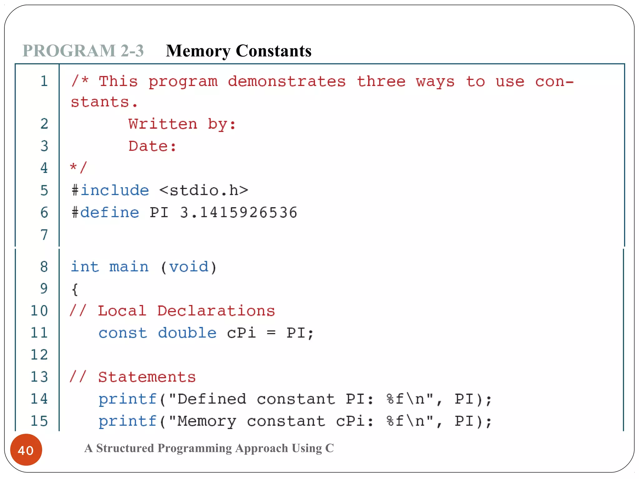 A Structured Programming Approach Using C40
PROGRAM 2-3 Memory Constants
 