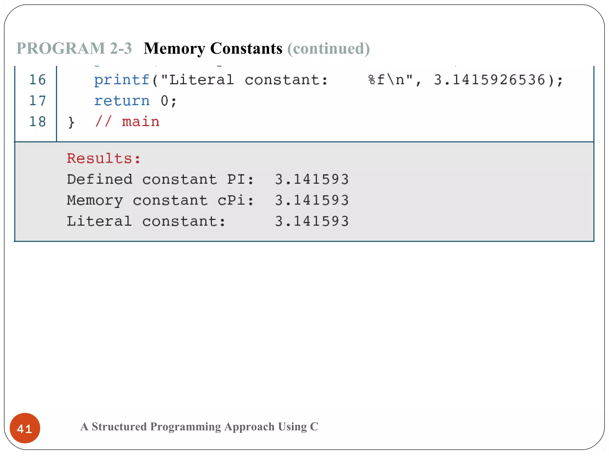 A Structured Programming Approach Using C41
PROGRAM 2-3 Memory Constants (continued)
 