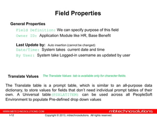 Field Properties
  General Properties
         Field Definition: We can specify purpose of this field
         Owner ID: Application Module like HR, Base Benefit

         Last Update by: Auto insertion (cannot be changed)
         Date/Time: System takes current date and time
         By User: System take Logged-in username as updated by user




 Translate Values      The Translate Values tab is available only for character fields.


The Translate table is a prompt table, which is similar to an all-purpose data
dictionary, to store values for fields that don’t need individual prompt tables of their
own. A Universal table(PSXLATITEM) can be used across all PeopleSoft
Environment to populate Pre-defined drop down values


  I-12                  Copyright © 2013, mbtechnosolutions. All rights reserved.
 