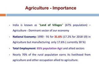 Agriculture - Importance
• India is known as “Land of Villages” (67% population) –
Agriculture - Dominant sector of our economy
• National Economy: 1990 - 91 for 31.6% (17.2% for 2018-19) in
Agriculture but manufacturing only 17.6% ( currently 30 %)
• Total Employment: 65% population Agri and allied sectors
• Nearly 70% of the rural population earns its livelihood from
agriculture and other occupation allied to agriculture.
 