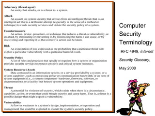 Computer
Security
Terminology
RFC 4949, Internet
Security Glossary,
May 2000
 