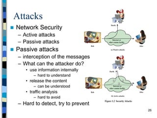 26
Attacks
 Network Security
– Active attacks
– Passive attacks
 Passive attacks
– interception of the messages
– What can the attacker do?
• use information internally
– hard to understand
• release the content
– can be understood
• traffic analysis
– hard to avoid
– Hard to detect, try to prevent
 