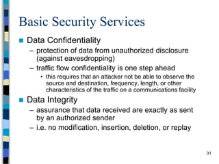 31
Basic Security Services
 Data Confidentiality
– protection of data from unauthorized disclosure
(against eavesdropping)
– traffic flow confidentiality is one step ahead
• this requires that an attacker not be able to observe the
source and destination, frequency, length, or other
characteristics of the traffic on a communications facility
 Data Integrity
– assurance that data received are exactly as sent
by an authorized sender
– i.e. no modification, insertion, deletion, or replay
 