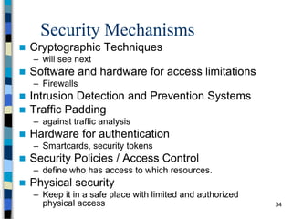 Security Mechanisms
 Cryptographic Techniques
– will see next
 Software and hardware for access limitations
– Firewalls
 Intrusion Detection and Prevention Systems
 Traffic Padding
– against traffic analysis
 Hardware for authentication
– Smartcards, security tokens
 Security Policies / Access Control
– define who has access to which resources.
 Physical security
– Keep it in a safe place with limited and authorized
physical access 34
 