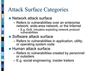 Attack Surface Categories
 Network attack surface
– Refers to vulnerabilities over an enterprise
network, wide-area network, or the Internet
• E.g. DoS, intruders exploiting network protocol
vulnerabilities
 Software attack surface
– Refers to vulnerabilities in application, utility,
or operating system code
 Human attack surface
– Refers to vulnerabilities created by personnel
or outsiders
– E.g. social engineering, insider traitors
 