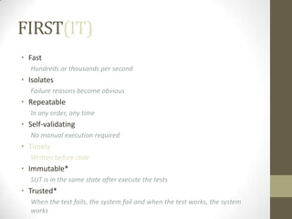 Test doubles (Mocks)
UserValidator validatorMock = mock(UserValidator.class);
when(validatorMock.validate(any(User.class))).thenTrhow(new ValidationException());
verify(validatorMock).validate(any(User.class))
Informal: think in a Stub which is also a Spy.
It also responds with default values to non-explicitly
declared methods
var validatorAPI = {validate: function()};
var validatorMock = Sinon.mock(validatorAPI);
validatorMock.expects('validate').once()
.withArgs(user).throws(validationError)
validatorAPI.validate(user)
validatorMock.verify()
OR WITH JS
 